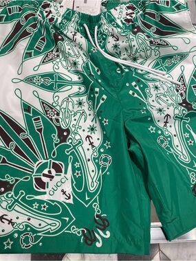 Gucci Green White Brown Logo-Trim Swim Shorts